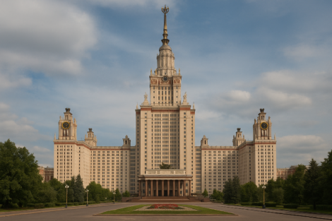 Главное здание Московского государственного университета (МГУ) на Воробьёвых горах — выдающийся пример сталинской архитектуры и символ советской мощи и научной элиты.
